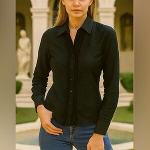 CAROL ANDERSON 100% SILK BUTTON BLACK LONG SLEEVE RUFFLES FRONT BLOUSE S